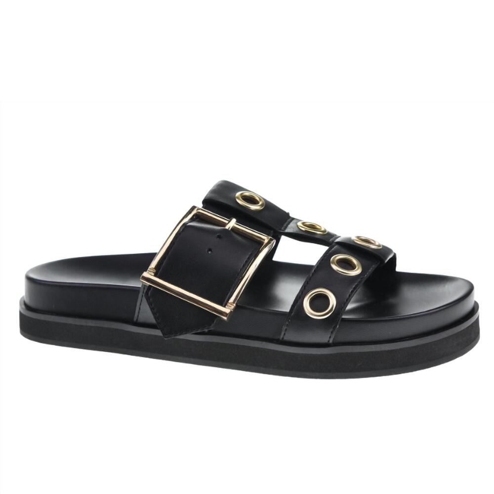 Chinese Laundry Black Slide Sandals with Gold Hardware